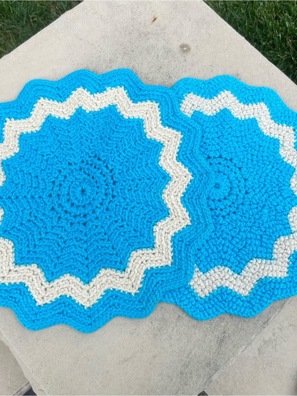 Handmade Crochet Round Placemats - Bright Turquoise & Cream (Set of 2)